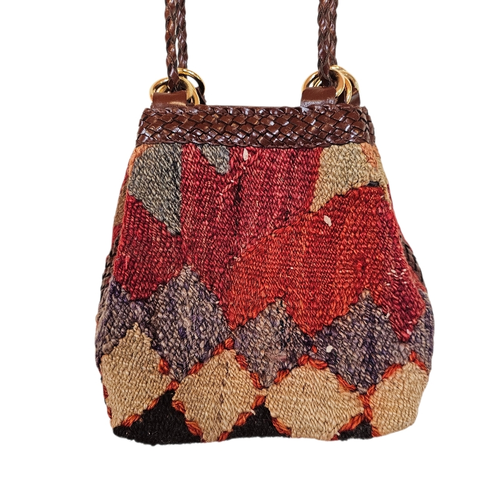 Vintage L.J. Simone Kilim Wool Aztec Southwestern Boho Woven Leather Bucket Bag